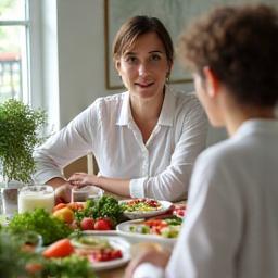 Nutrition coach with client and healthy meal
