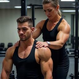 Trainer guiding a client with weights